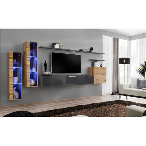 Ensemble mural - Switch XI - 2 vitrines LED - 1 banc TV - 1 vitrine carrée - 3 étagères - Bois et graphite - Modèle 1 - Livraison gratuite