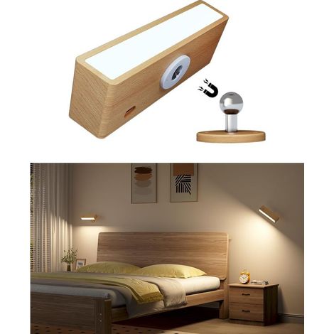 Applique Murale Intérieure Chambre, Lampe de Chevet Murale Sans Fil Rechargeable USB, Réglage de La Luminosité, Tactile, Applique Murale LED Bois (1/5)