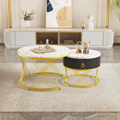 Tavolino da salotto set 2 pezzi MDF bianco effetto marmo, tavoli impilabili con cassetto (1/5)