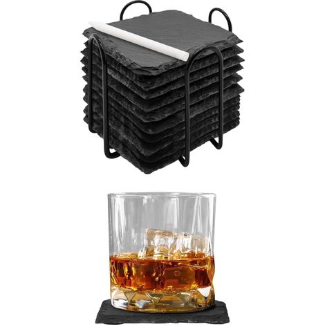 Set 10 Pezzi Sottobicchieri Quadrati In Ardesia 10 x 10 Cm Colore Nero Pietra Naturale Certificati Contatto Alimentare Con Gommini Antiscivolo Sottobicchiere Bar,Birreria,Casa Accessori Decorazione Ta (1/5)