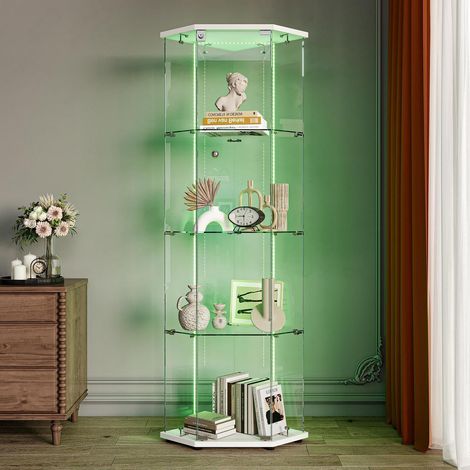 Standvitrine mit LED, 4 Glasböden, 1 Tür mit Schloss, weiß (1/5)