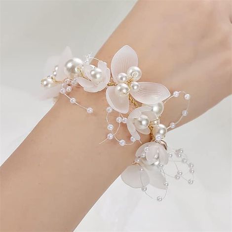 Corset bracelet en perles et cristaux (blanc) 2 pièces, idéal pour demoiselles d'honneur, enfants, bouquets de fleurs, mariage, mariée (1/5)