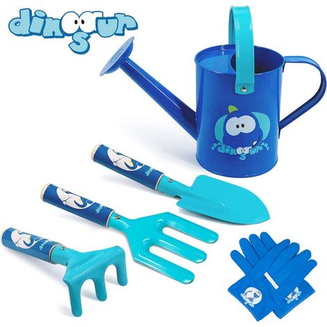 Ensemble de jardinage pour enfants, 5 outils de jardinage en métal pour enfants, y compris arrosoir en métal, truelle avec manche en bois, fourchette, râteau, gants, outils de jardin pour enfants (ble (1/5)