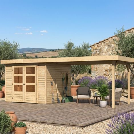 Abri de jardin en bois massif 5,95m² – Appentis 280cm – Double porte vitrée – Fenêtres en plexiglas – Idéal pour rangement extérieur – Karibu