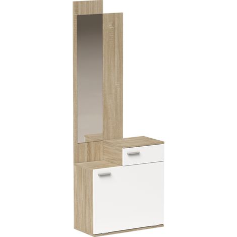 Meuble d'entrée, avec miroir, pliable, blanc et bois naturel, 61 × 30 × 170 cm, 20 kg (1/5)