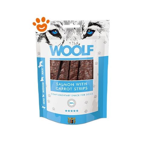 Biscotti per cani Woolf, strisce, salmone e carota, taglie mini, medie e maxi, 100 g