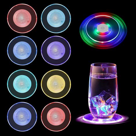 Lot de 8 sous-verres LED colorés et lumineux avec 7 modes d'éclairage, étanches et parfaits pour les fêtes, les pubs, les mariages et Noël. (1/5)