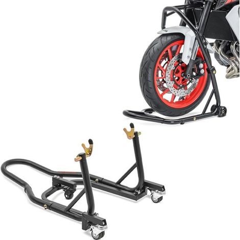 "Classic Gabelstütze für Motorrad Vorderrad schwarz + Mover II Racing Hinterrad-Stütze matt schwarz"