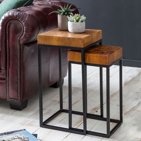 Lot de 2 sellettes en bois massif et métal naturel et noir (1/5)