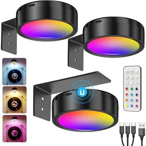 AMXCNOY Kabellose LED-Wandleuchte, USB-aufladbare Bilderrahmenlampe, 3er-Set mit Fernbedienung, batteriebetrieben, dekorativer Strahler, Schwarz (1/5)