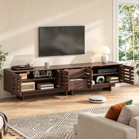 Meuble TV 200x39,5x55 cm pour téléviseur jusqu’à 80 pouces, 2 tiroirs 4 portes, MDF coloris noyer (1/5)
