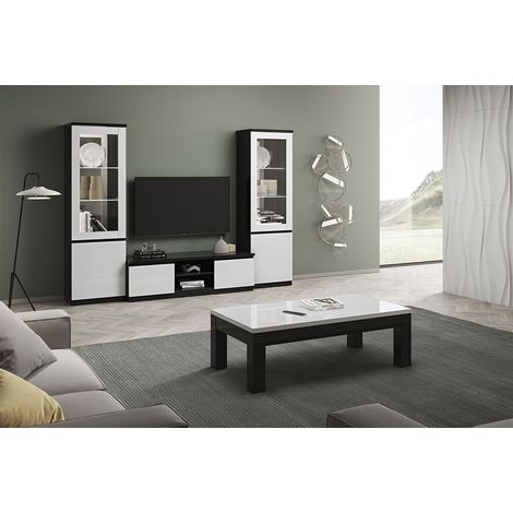 DEYTON - Ensemble Salon Complet Laqué Noir et Blanc Meuble TV + Vitrines avec Leds + Table Basse 127cm (1/5)