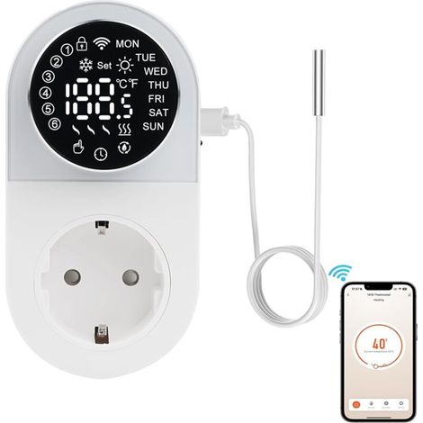 WiFi Smart Thermostat Plug, Digital Temperature Controller, Thermostat Plug with Probe, 16A 220V, LED Display, Heating/Cooling Mode Switching for Greenhouse, Incubator, Fan (1/5)