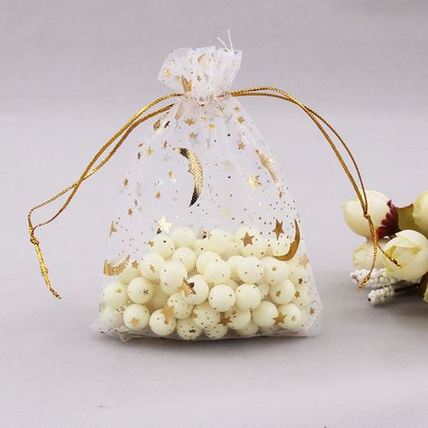 Lot de 100 pochettes en filet à cordon de serrage (9 x 12 cm), en organza à motif étoiles et lune, style tendance, idéales pour les mariages et les fêtes. (1/5)