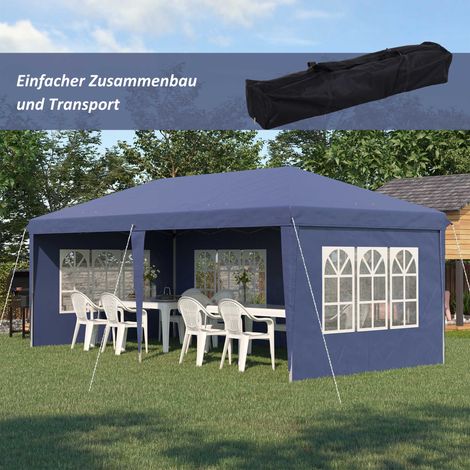 Abri pliant 6 x 3 m semi-ouvert, parois latérales démontables, grandes baies vitrées, housse de transport, armature en acier, bleu (1/4)