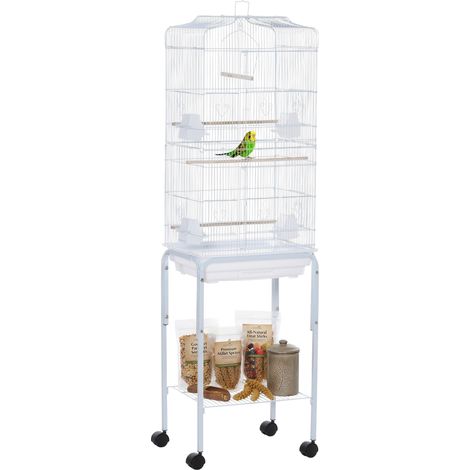 Gabbia uccelli per pappagallini, fringuelli, canarini, parrocchetti, con supporto ruote, vassoio estraibile, accessori, ripiano, bianca 46,5x36x157 cm
