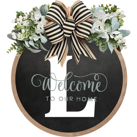 (L) Panneau décoratif rond en bois, personnalisé avec 26 lettres anglaises, pour porte d'entrée. Pièce à suspendre. (1/2)