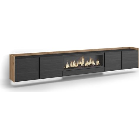 Skraut Home - Mobile TV Soggiorno, Ampio spazio a disposizione, 315x35x50cm, Per TV fino a 80", Camino elettrico XXL, Sospeso, da appendere, LED, Stile moderno, Nero e rovere