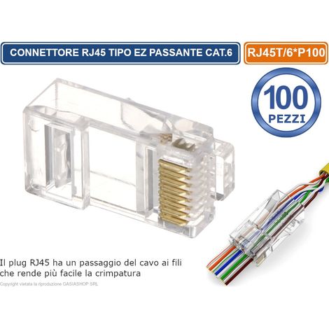 CONFEZIONE MULTIPLA 100 PEZZI PLUG RJ45 TIPO EZ PASSANTE PER CAVO ETHERNET CAT.6 (1/5)