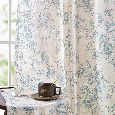 Tende in misto lino con stampa floreale per soggiorno, lunghe 84 pollici, stampa blu con passante per asta, motivo peonia sul retro. Tende in stile rustico. (1/5)