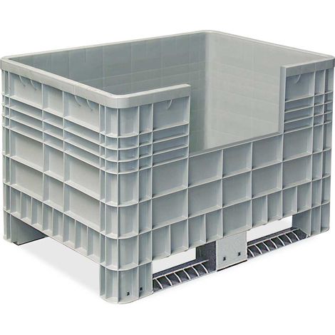 BRB Palettenbox mit Aussenrippen und 2 Kufen, Zuschnitt an einer Längsseite, Außenmaße LxBxH 1170x800x800 mm, grau (1/2)