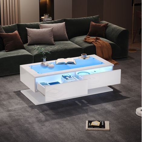 Mesa de centro de aglomerado blanco brillo con vidrio templado y LED, 100 x 50 cm, 2 cajones (1/5)