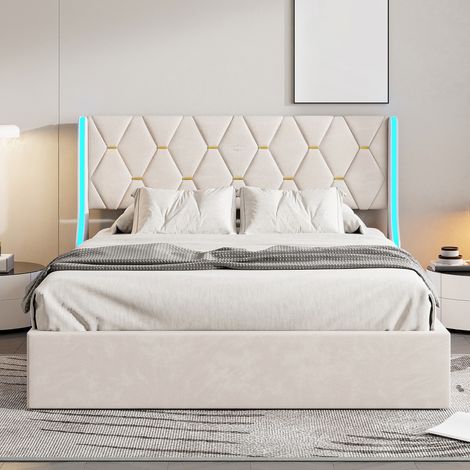 Lit capitonné double 160x200 cm,lit coffre,Lit adulte avec rangement,Sommier à lattes avec levier hydraulique,éclairage LED,scandinave,velours,Beige (1/5)