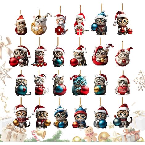 Ornements Noël Chat Calendrier de l'Avent compte à rebours 24 jours Ornements Noël Pendentif Chat en Acrylique 2D Sapin Noël, Rétroviseur Voiture, Porte, Fenêtre, (1/5)
