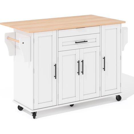 Îlot de cuisine mobile avec plan de travail extensible et rangement, 136x70x92 cm, blanc (1/5)