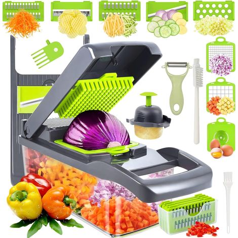 Tagliaverdure multifunzionale, tagliaverdure 17 in 1, mandolina da cucina professionale, tagliaverdure con 7 lame intercambiabili, tagliaverdure per cetrioli, cipolle, pomodori - grigio (1/5)