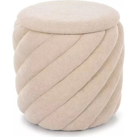 Pouf en tissu beige avec rangement caché et structure ronde sculptée SPHERAZ