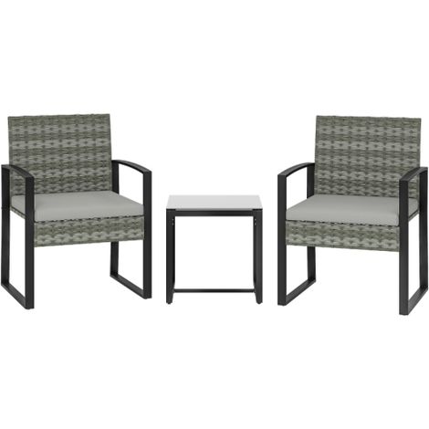 Salon de Jardin Encastrable Rotin 3 Pièces Ensemble Bistro 2 Chaises et 1 Table Basse avec Coussins Amovibles Gris Clair Intérieur Extérieur (1/5)