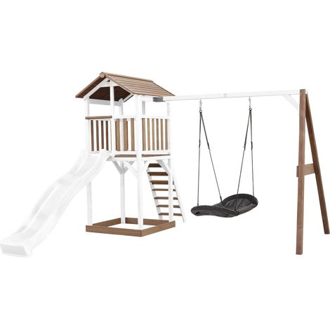 Axi Beach Tower Aire De Jeux Avec Toboggan En Blanc,  Balançoire Nid D'Oiseau Noir & Bac À Sable  Grande Maison Enfant Extérieur En Marron & Blanc  Cabane De Jeu En Bois Fsc