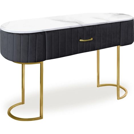 Cotecosy – Coiffeuse Paloma en velours noir – 1 tiroir – Pieds en métal doré – Plateau effet marbre – Dimensions L120 x P43 x H75 cm (1/5)