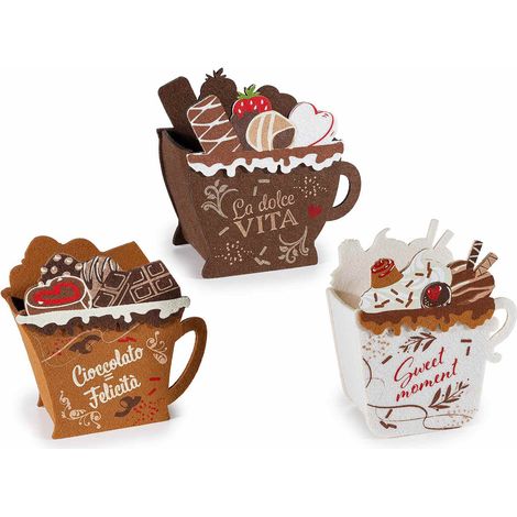 Borsette / cestini in panno a forma di tazza con decori dolcetti e cioccolato, set da 9 pezzi, cm 13 x 6,5 x 14 H