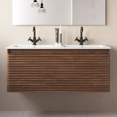 Meuble de salle de bain 120cm double vasque - 2 tiroirs - sans miroir - noyer (bois foncé) - SUZA