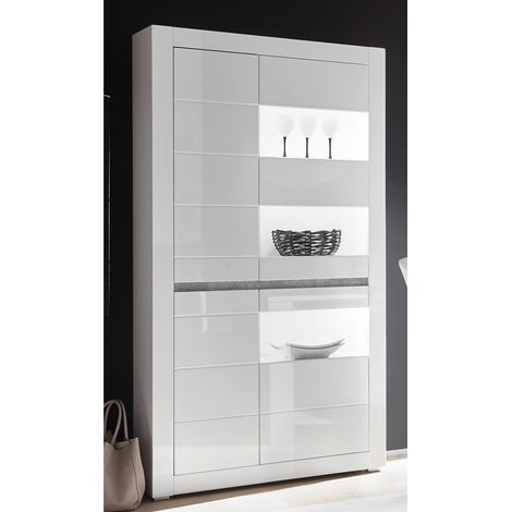 Moderne Vitrine mit Griffmulden in Betonoptik COGO-61 in weiß Hochglanz inkl. LED BxHxT: 100x198x35cm (1/5)