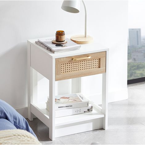 Table de chevet moderne en MDF blanc et naturel, finition effet rotin, 1 tiroir, 40 x 40 x 55 cm (1/5)