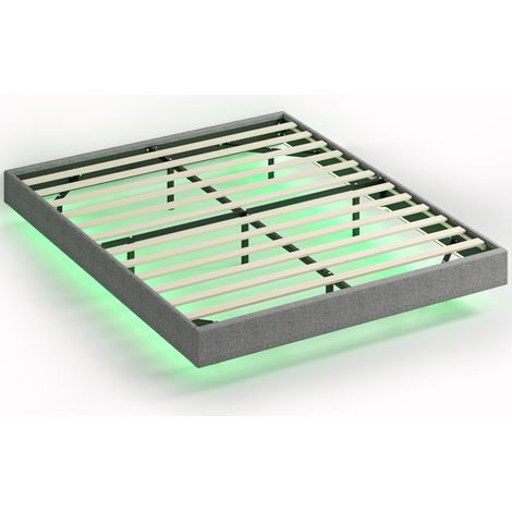 HOMCOM somier flotante 160x200 cm con luces led, estructura de cama, tapizado en lino, láminas de madera, silencioso, fácil de montar, gris