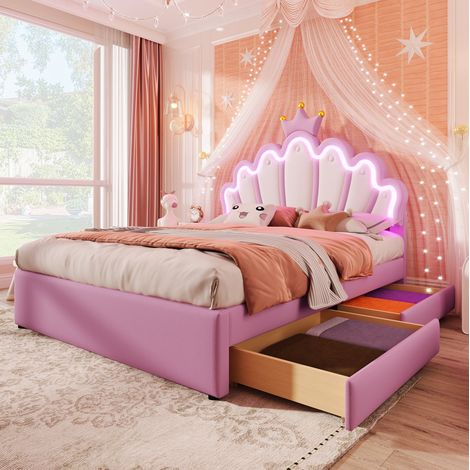 Lit 140x200 avec 2 tiroirs et LED, PU rose HAVRYA (1/5)