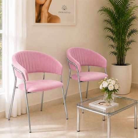 Sillas de comedor Aurelia de terciopelo rosa (juego de 2) con patas de hierro cromado (1/5)
