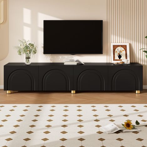 Meuble TV 180 cm avec 4 Portes à relief d'Arches, Pieds Rond Dorés et Passages de Câbles, Grand Meuble TV Bas de Salon Minimaliste et Moderne - Noir (1/5)