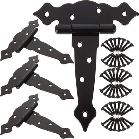 Lot de 4 charnières de porte de 15,2 cm pour abri de jardin, grange, charnières de portail robustes pour clôtures en bois, charnières décoratives classiques noires (1/5)