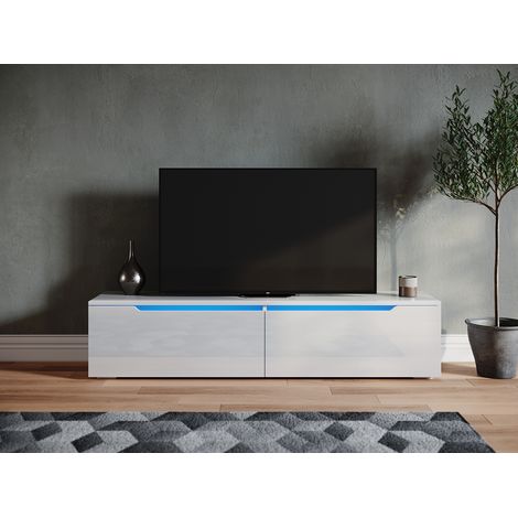 SIRHONA TV Board Möbel Hängend TV Schrank Board mit 2 Klapptüren Weiß Hochglanz 180x35x30cm mit Einstellbar LED Beleuchtung (1/5)