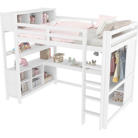 Lit mezzanine 140x200 cm avec bureau, étagères et armoire, blanc, rangement multifonction pour chambre d'enfant, sans matelas CHICFURN (1/5)