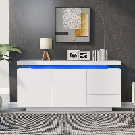 Buffet moderne 2 portes 3 tiroirs – Éclairage LED intégré – Façades sans poignées – Dimensions 140x35x72.5cm – Panneaux de particules haute qualité (1/5)