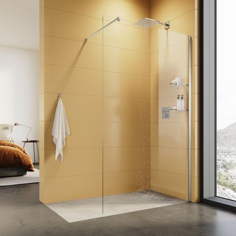 SONNI Walk In Duschwand 90 x 200cm mit 8mm Nano-Beschichtung ESG Sicherheitsglas mit Zwei 8mm Dreieckigen Glasablagen und Stabilisator. (1/5)