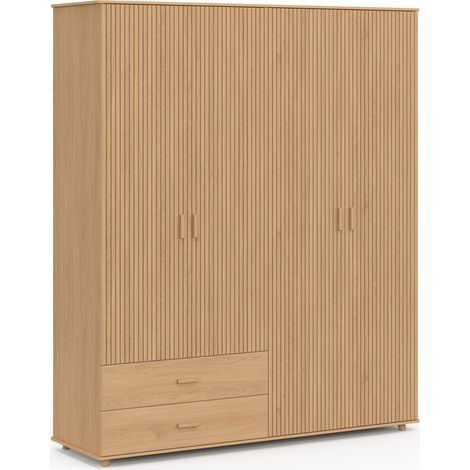 Kleiderschrank JULIETTE, 4-türig, Latteneffekt, eichenfarbig, Kleiderschrank 160 cm, 2 Schubladen und Regale