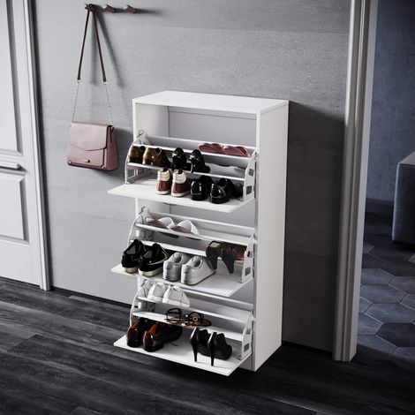 Schuhschrank SONNI schmal Schuhkipper 3 Klappen Schuhregal Kommode Weiß Schuhregal 63x120x30cm