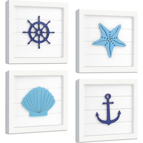 4 Pieces Ocean Theme Wall Decorations 3D Wall Decor with Starfish Shell Anchor Rudder Home Nautical Decoration for Living Room Bathroom (1/5)